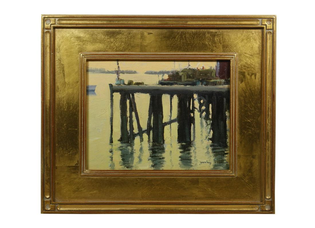 JACOBUS BAAS (CA/NETHERLANDS, 1945 - ): "Bass Harbor Sunset", oil on linen laid to board, signed lower left, signed and titled verso, depicting the silhouette of a pier, in a gilt Arts & Crafts molded panel frame, OS: 13 1/2" x 15 1/2", SS: