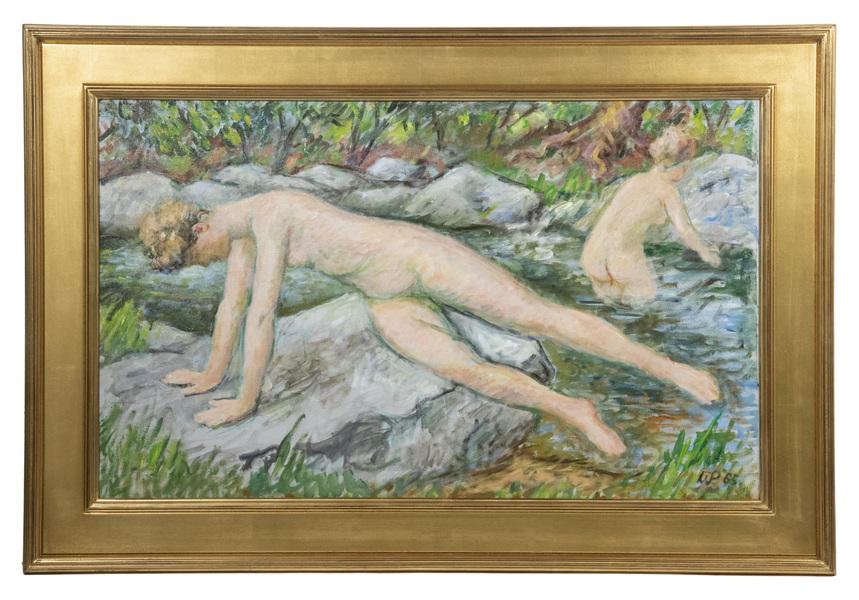 WALDO PEIRCE (NY/ME/MA, 1884-1970): "Reclining Bather in Brook, for Karen from Papa, Sept. '65", oil on linen, initialed and dated lower right, signed, titled and dated verso, in gold molded panel frame, OS: 29 1/2" x 43 1/2", SS: 21 1/