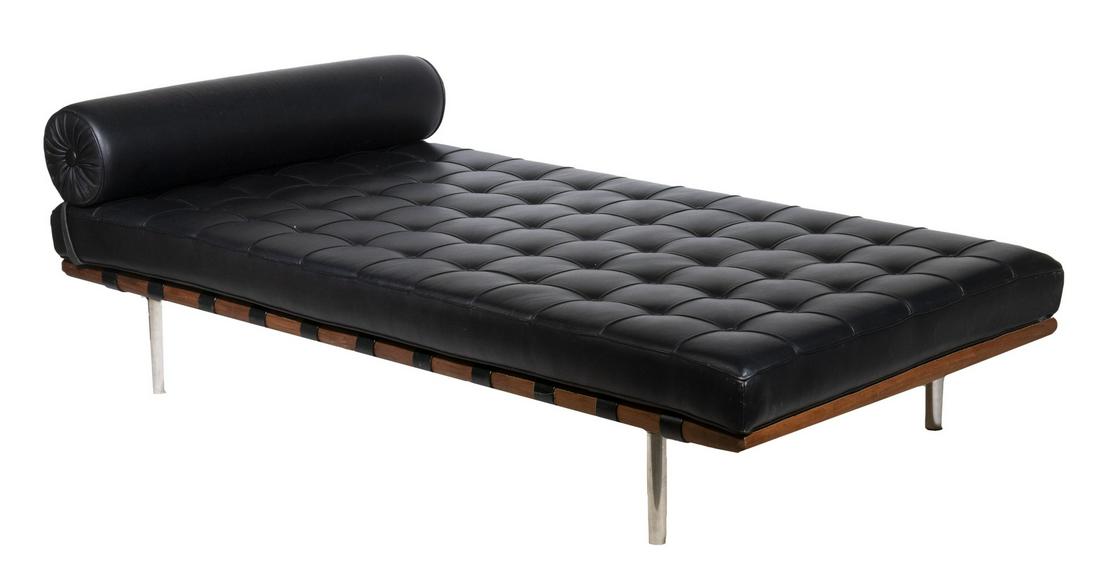 MIES VAN DER ROHE (IL/GERMANY, 1886-1969) BARCELONA: Vintage Daybed, designed by Mies Van Der Rohe in 1929 for the German Pavilion at the Barcelona International Exposition, probably by Knoll, with button tufted black leather self corded cushion and bol