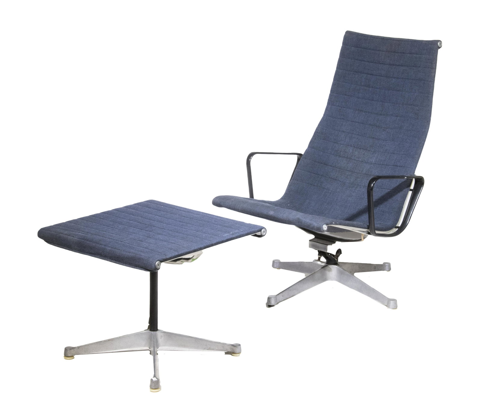 EAMES ALUMINUM GROUP CHAIR & OTTOMAN SET: (2) Piece Vintage Lounge Chair and Matching Footrest, circa 1960s, designed by Charles and Ray Eames in 1958, made by Herman Miller, with aluminum frames and suspended upholstery, both pieces stamped 