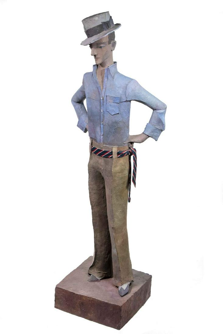 FRED (ROBERT) MEYER (NY/WI, 1922 -1986): "Fred Astaire", painted stoneware pottery, signed on back of integral base, depicting the movie star dancer standing with his hands on his hip, wearing fedora hat (tipped jauntily), blue shirt with tu