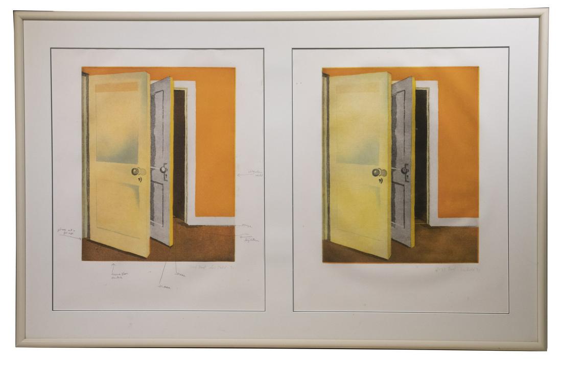 LOIS DODD (NY/ME, 1927 - ): "Open Door", two trial proof copies, etching and aquatint, one marked up with corrections, the other corrected, pencil signed and dated '91, housed in one frame, cream bullnose aluminum, matted and gl