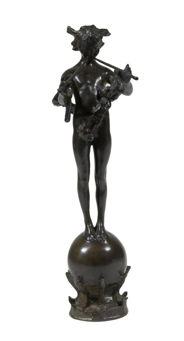 FREDERICK WILLIAM MACMONNIES (NY/FRANCE, 1863-1937): "Pan of Rohallion, 1890", patinated bronze sculpture, signed and dated "F. MacMonnies, 1890" on back of sphere, depicting the Greek mythological character Pan playing the aulos while standing atop a s
