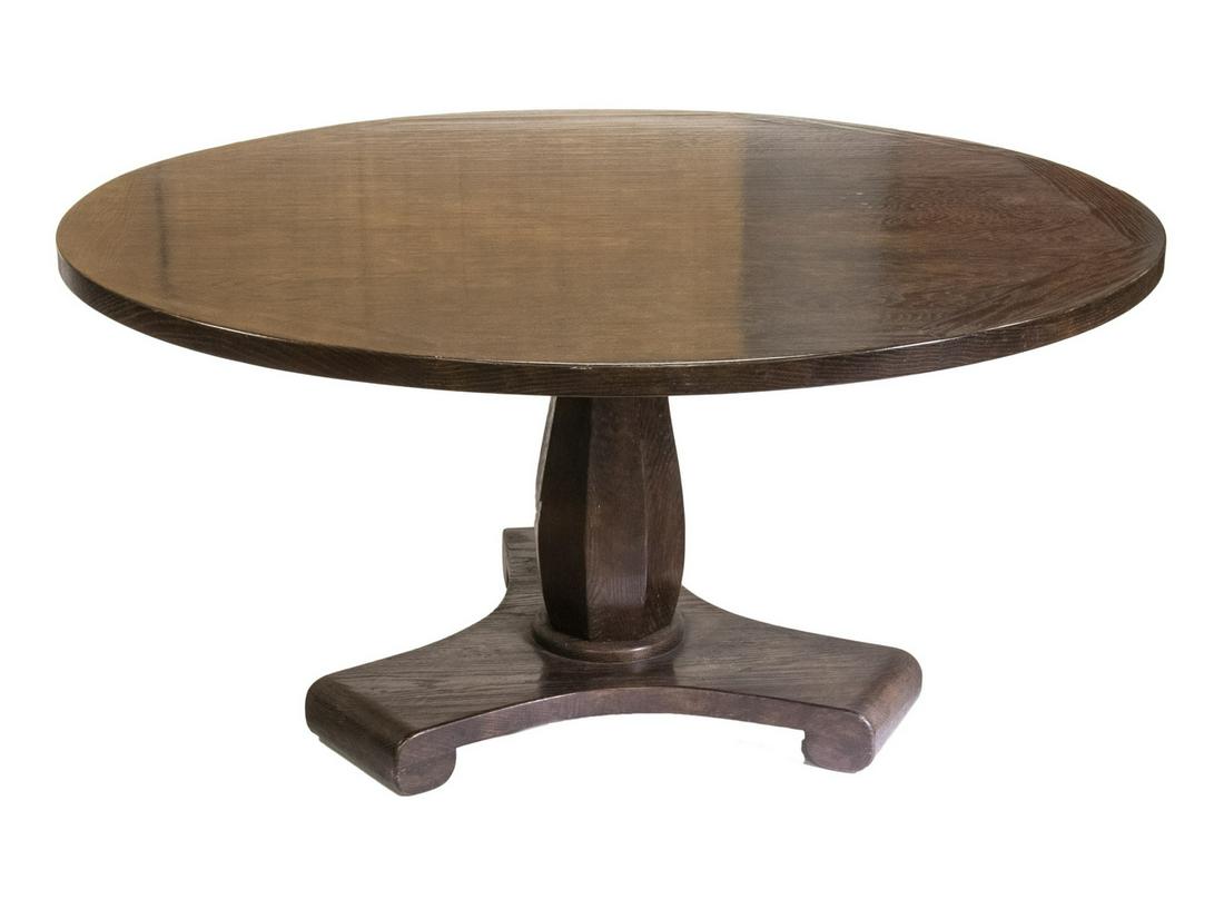OAK DINING TABLE: Round Contemporary Dining Table, 1 1/2" thick top with applied outer edge, urn form pedestal base, scrolled tripod foot, 60" diameter, 29 1/4" high. Good condition.