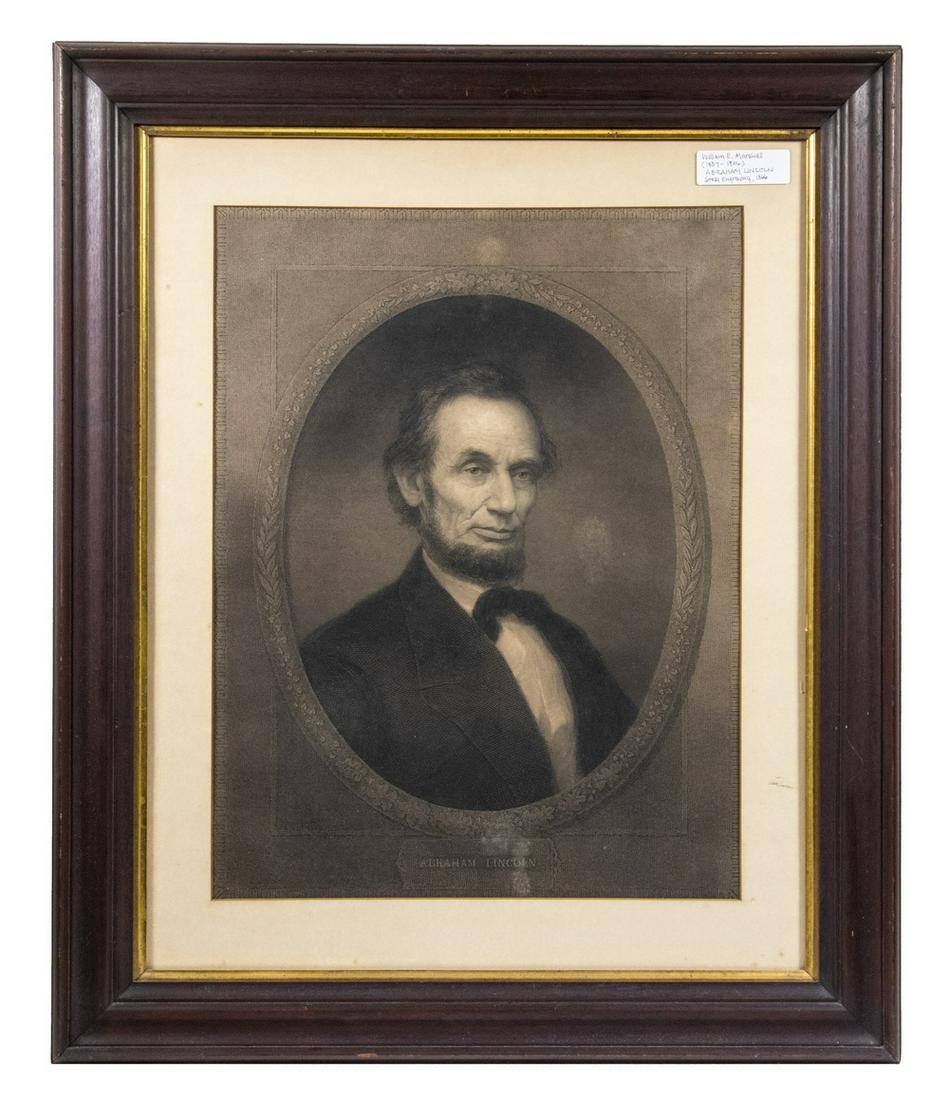 WILLIAM EDGAR MARSHALL (NY, 1837-1906): Commemorative Bust Portrait of Abraham Lincoln, 1866, steel engraving, in the original walnut cove molded frame with gilt liner, matted under old glass, OS: 30" x 25", SS: 20 1/2" x 15 1/2", Light spo