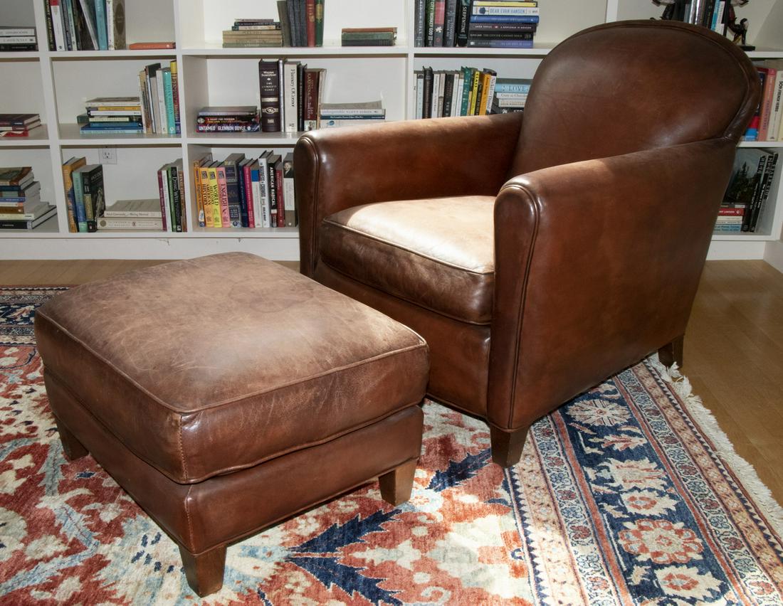 BROWN LEATHER ARMCHAIR WITH OTTOMAN (1 of 2)