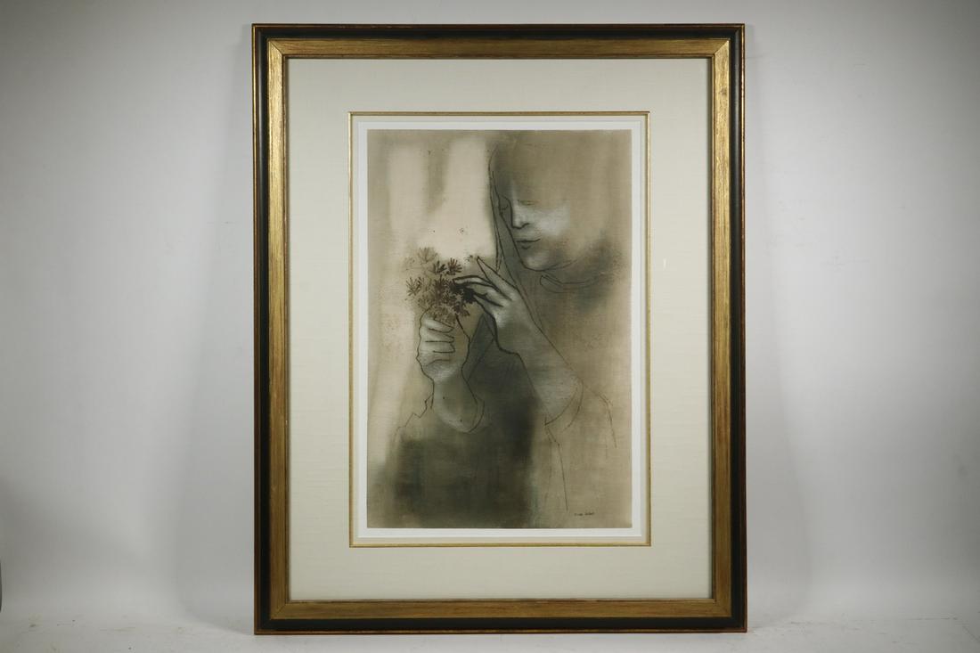 ZORA DUVALL (IL, 1927 - ): Woman with Flowers, acrylic on board, signed lower right, in gold and black molded frame, linen mat with gold lip, glazed, OS: 31" x 25", SS: 20" x 13 1/4". Very good condition.