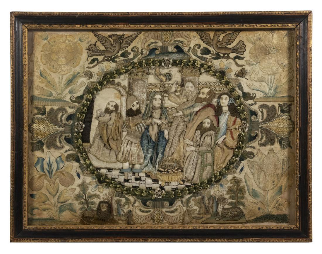 ENGLISH 17TH C. PICTORIAL TRAPUNTO WORK IN EARLY (1 of 3)