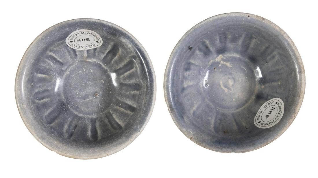 A PR OF 15TH C. VIETNAMESE SMALL CELADON BOWLS: Lotus Pattern with incised interior and exterior, in bluish celadon glaze, both with labels from "Saga-Hoi An Hoard-Visal", nos. 68170 & 72764, plus Robert McPherson of London labels, both nos. HH8. 1