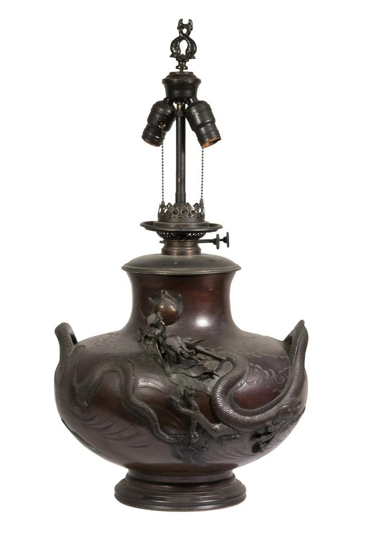 LARGE CHINESE BRONZE DRAGON VASE AS ELECTRIFIED OIL (1 of 4)