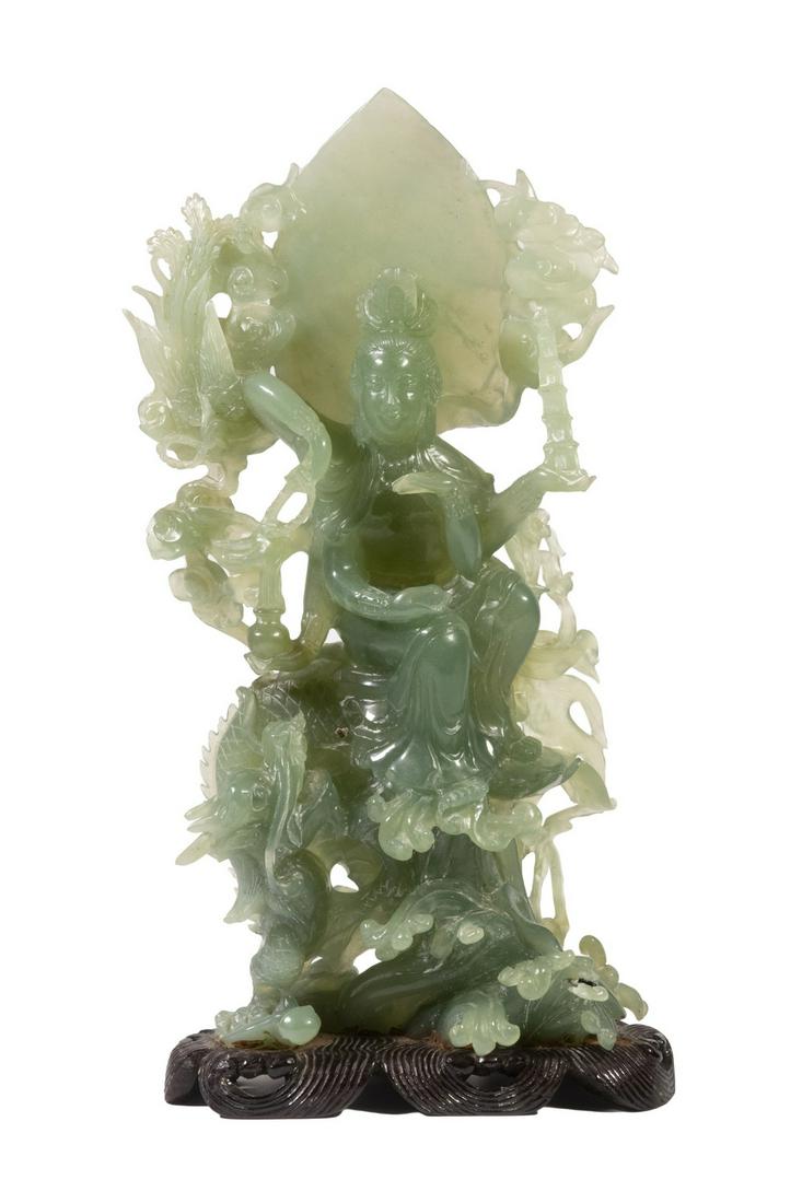LARGE CHINESE JADE FIGURE OF A FEMALE DEITY SEATED ON A (1 of 3)