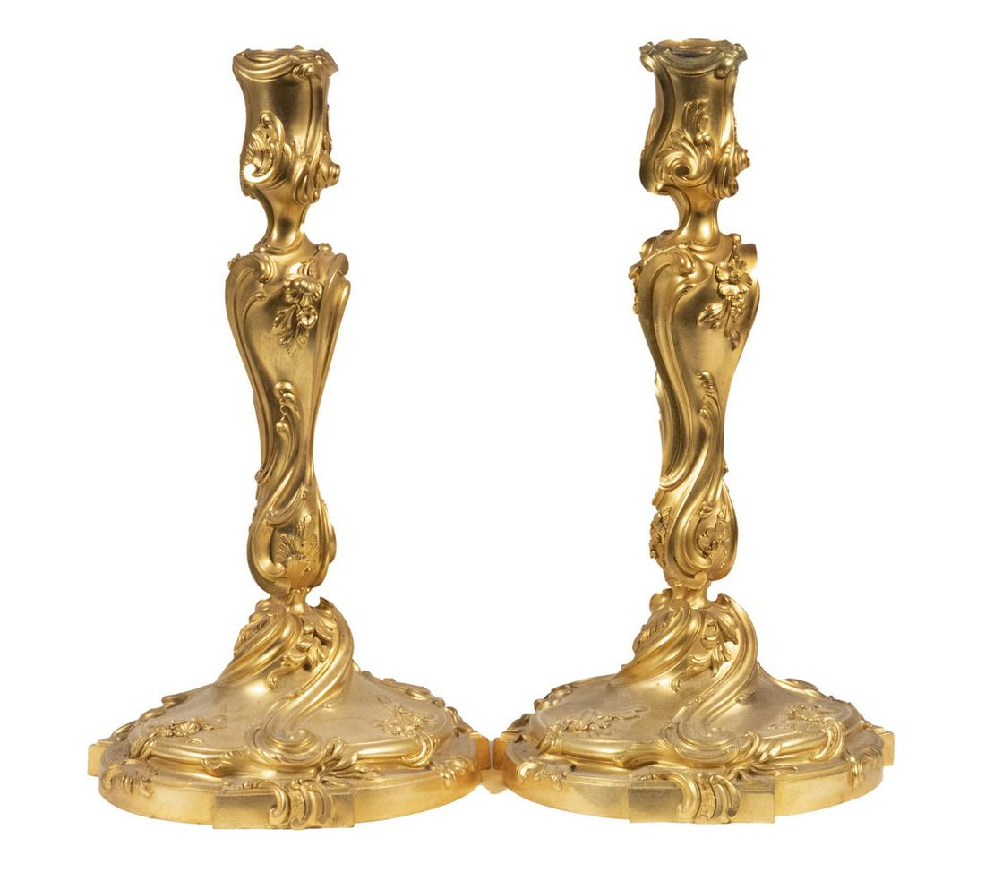 PR FRENCH FIRE GILDED BRONZE CANDLESTICKS (1 of 4)