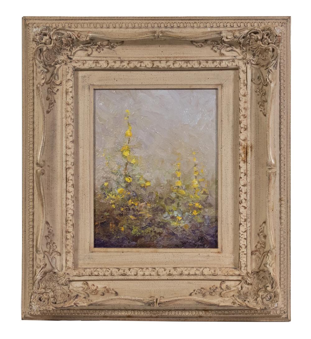 ROBERT SPRING (20TH C. MAINE): Yellow Primrose, oil on canvas, signed lower right, in a tan overgilt replica Impressionist frame, OS: 17" x 15", SS: 9" x 7". Fine condition.
