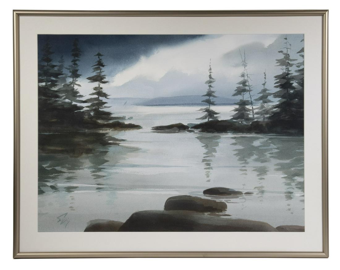 ROBERT SPRING (20TH C. MAINE): Storm over Rocky Pine Fringed Cove, watercolor on paper, signed lower left, in silver bullnose frame, matted and glazed, OS: 25" x 32", SS: 20" x 27". Fine condition.