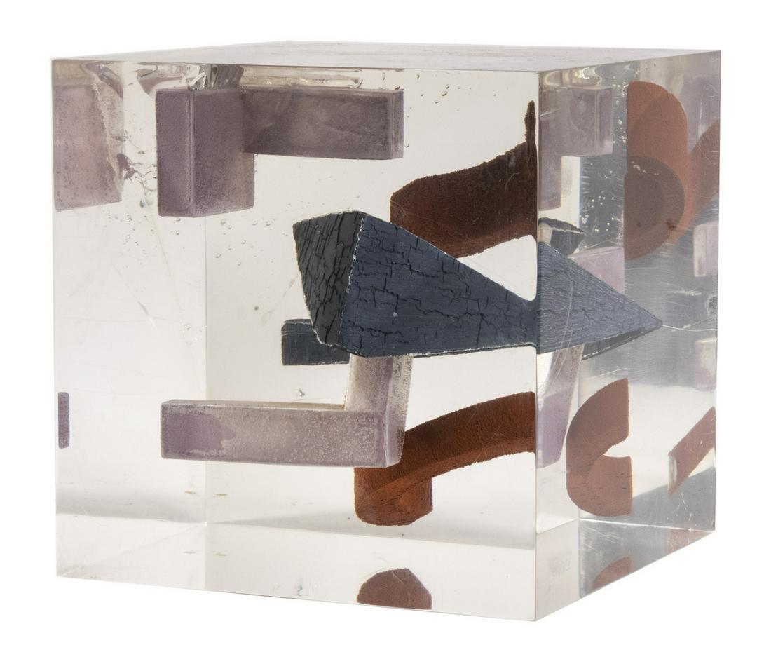 MID-CENTURY MODERN LUCITE CUBE WITH BRUTALIST FORMS, (1 of 3)