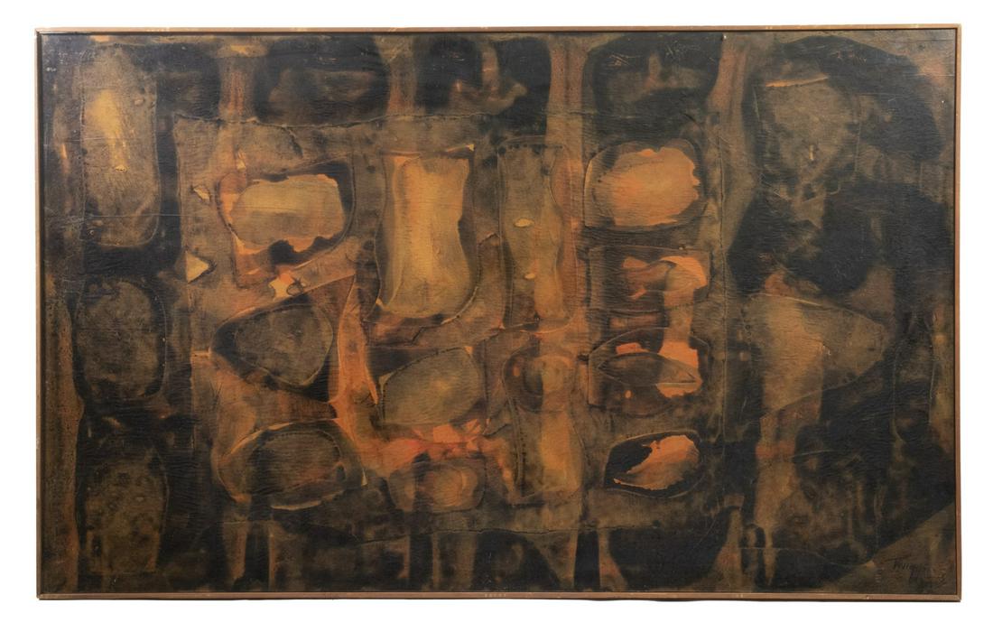 LEO FRANKLIN TWIGGS (SC, 1934 - ): "Observer", oil on paper, laid to masonite, waxed, signed lower right; signed, dated 1957 and titled verso, with medium notations, in mahogany slat frame, OS: 36 3/4" x 59", SS: 36 1/4" x 58 1/2". Goo
