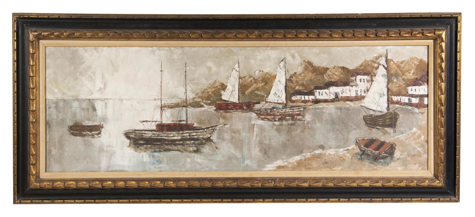 ROBERT LEBRON (NY/PR, 1928-2013): Ships in Harbor, oil on canvas, rendered in impasto, signed lower right, in hand carved black and gold frame with linen liner, OS: 22 1/2" x 52 1/2", SS: 14 1/2" x 44 1/2". Good condition.