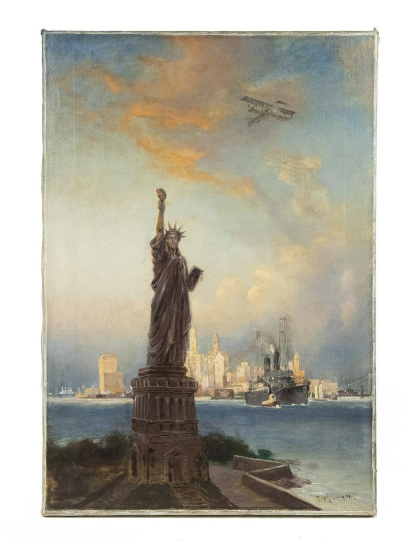 ROBERT ATKINSON FOX (PA/IL/CAN, 1860-1935): Statue of Liberty with Manhattan and Departing Ocean Liner Behind, a Biplane Above, oil on canvas, signed lower right, unframed, 26" x 18". Cleaned and relined.