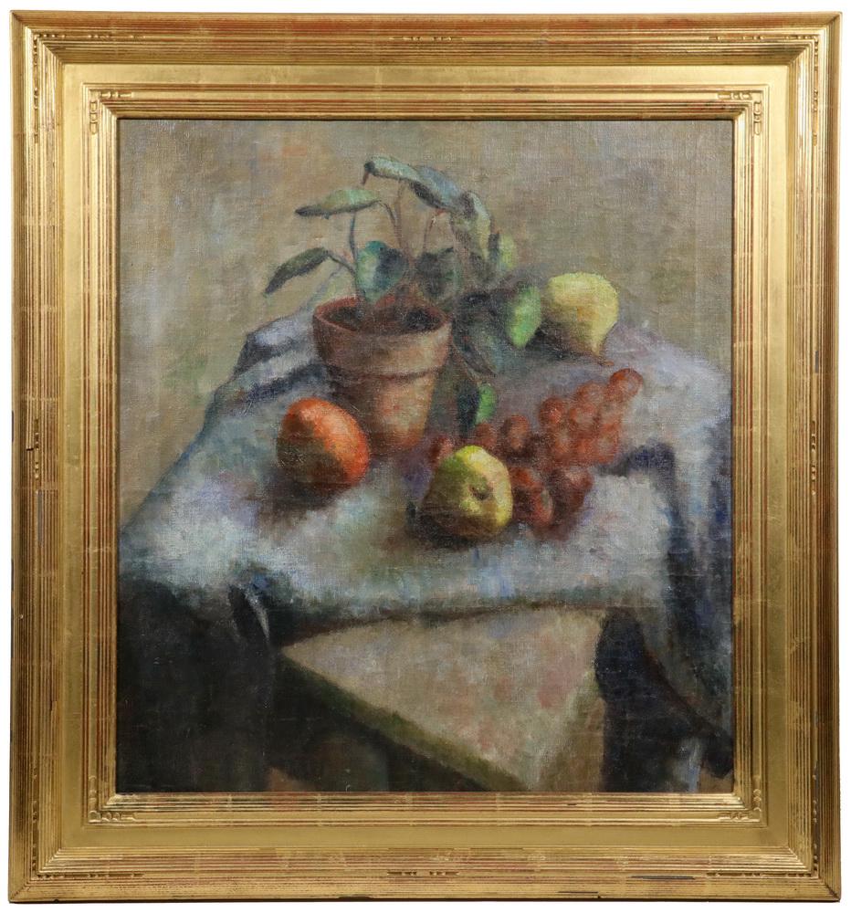 ROBERT BRACKMAN (NY/CT, 1898-1980) (ATTRIBUTED): Tabletop Still Life with Flowerpot and Fruit on a grey blanket, oil on canvas, unsigned, in gold Arts & Crafts style molded frame, OS: 31" x 29", SS: 23 1/2" x 21 1/2". Repaired punctures at bottom, o