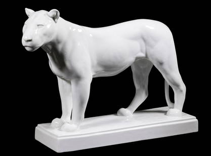 MEISSEN PORCELAIN STANDING LIONESS: Large German White Glazed Porcelain Lion Figure, circa 1930s, designed by sculptor August Gaul (Germany, 1869-1921), modeled by Max Esser, Model A 1054, on a rectangular base, base top edge embossed '