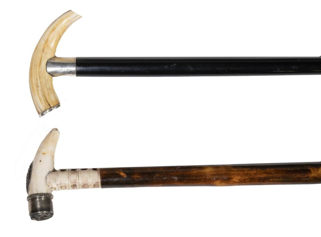 (2) EDWARDIAN WALKING STICKS: Including: Sterling silver mounted whale's tooth topped ebony stick, hallmarked London 1903 by Swaine & Adeney Ltd., 34 3/4" long; and Boar tusk and vertebrae topped burlwood stick, silver mounted wit