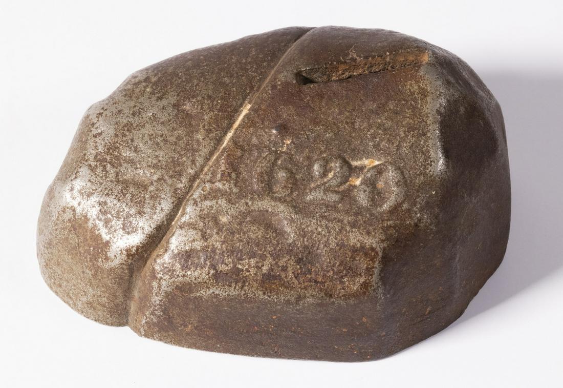 PLYMOUTH ROCK IRON STILL BANK: Cast Iron Bank, depicting Plymouth Rock, unknown maker, with embossed '1620' date, 2" high, 4" x 2 3/4".
