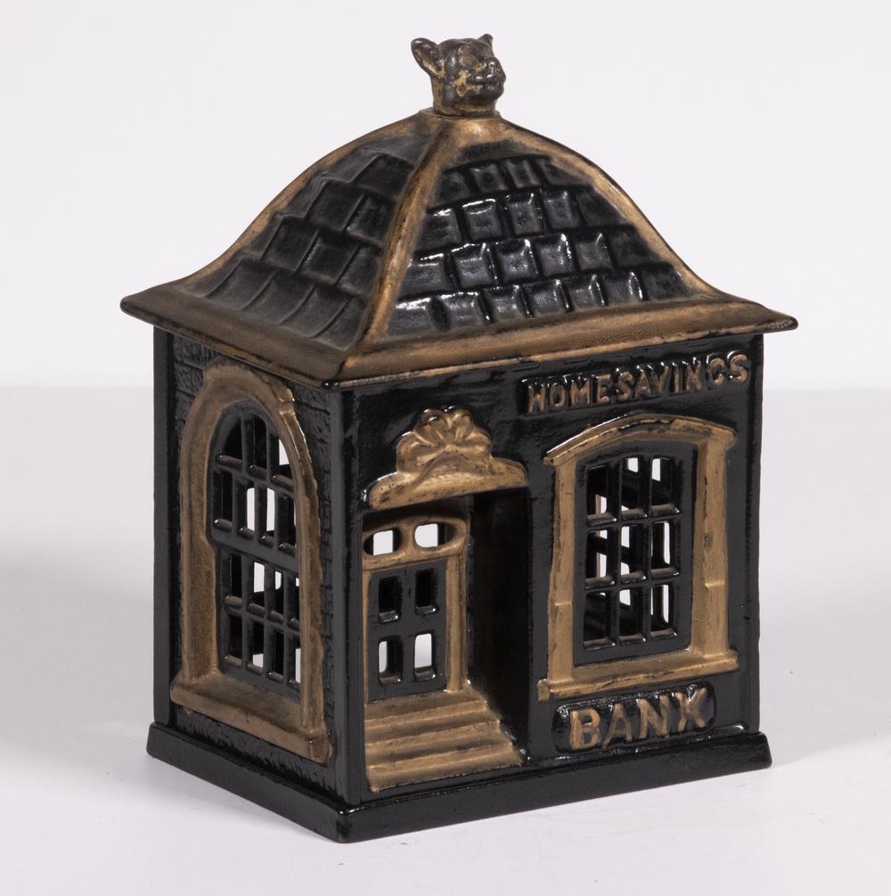 J & E STEVENS "HOME SAVINGS BANK" WITH DOG FINIAL (1 of 2)