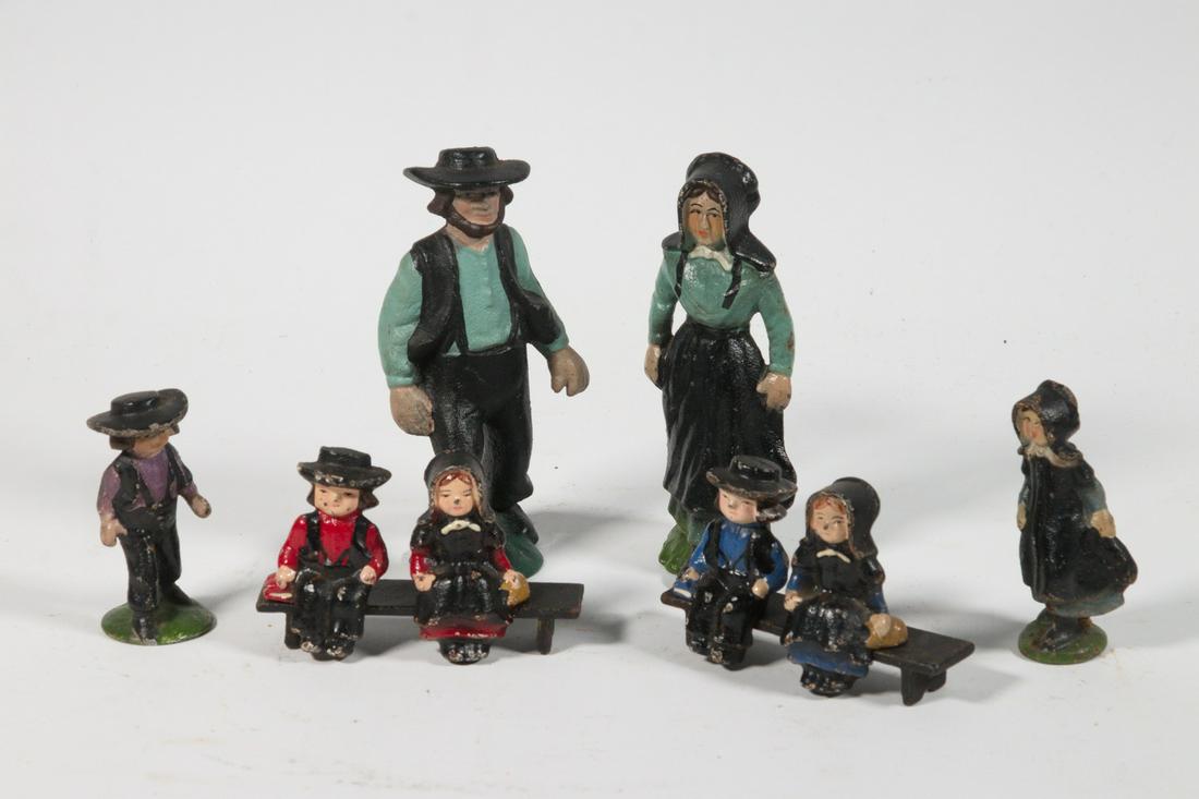 (8) PAINTED CAST IRON AMISH FIGURES, PLUS (2) BENCHES (1 of 2)