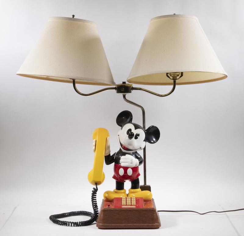 MICKEY MOUSE TELEPHONE LAMP: Vintage Mickey Mouse Push Button Phone & Lamp Combo, c. 1970s, model 8002, with plastic standing character, double socket light fixture with harps, finials, and cloth shades, single central turn switc
