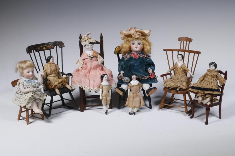 (8) EARLY DOLLS, PLUS (6) DOLLHOUSE CHAIRS (1 of 1)