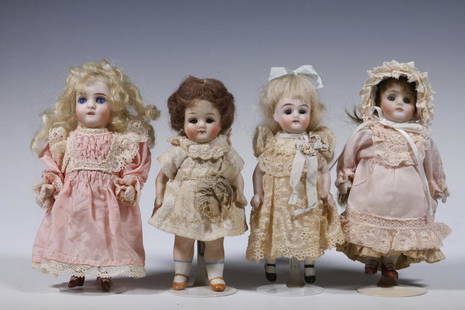 (4) BISQUE PORCELAIN DOLLS: Lot of (4) Vintage Parian Dolls, incl: (2) Dolls with sleep eyes, one marked '3 1/2', 5 1/4" and 5 3/4" high; (2) Dolls with fixed eyes, one marked '31-12' by Gebruder Kuhnlenz) with swivel neck, 5 1/