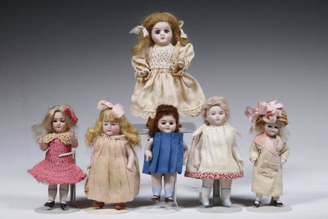 (6) BISQUE PORCELAIN DOLLS: Group of (6) Vintage Small Porcelain Dolls, (4) with fixed eyes, (2) with painted eyes, assorted clothing, 3 3/4" to 4 3/4" high. Surface and clothing wear.