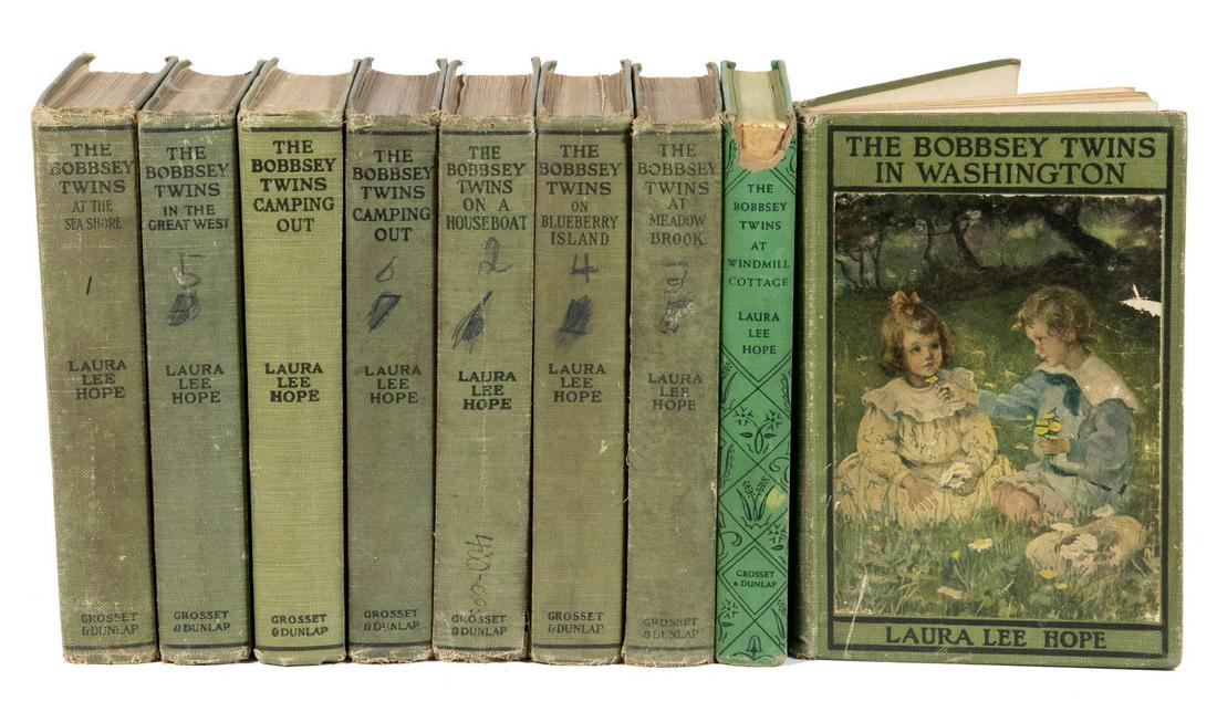 (9) BOBBSEY TWIN BOOKS: Grosset & Dunlap published, circa 1905-1910, with color plate front covers (exc. (1) later. Worn, marked up by children with pseudo library numbers, cards, owner markings.