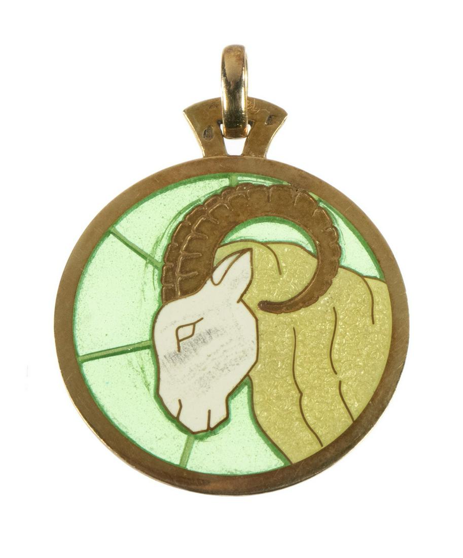 LADIES PLIQUE AUJOUR PENDANT (ROUND): Set in French 18k gold with Aries symbol. 1" diameter