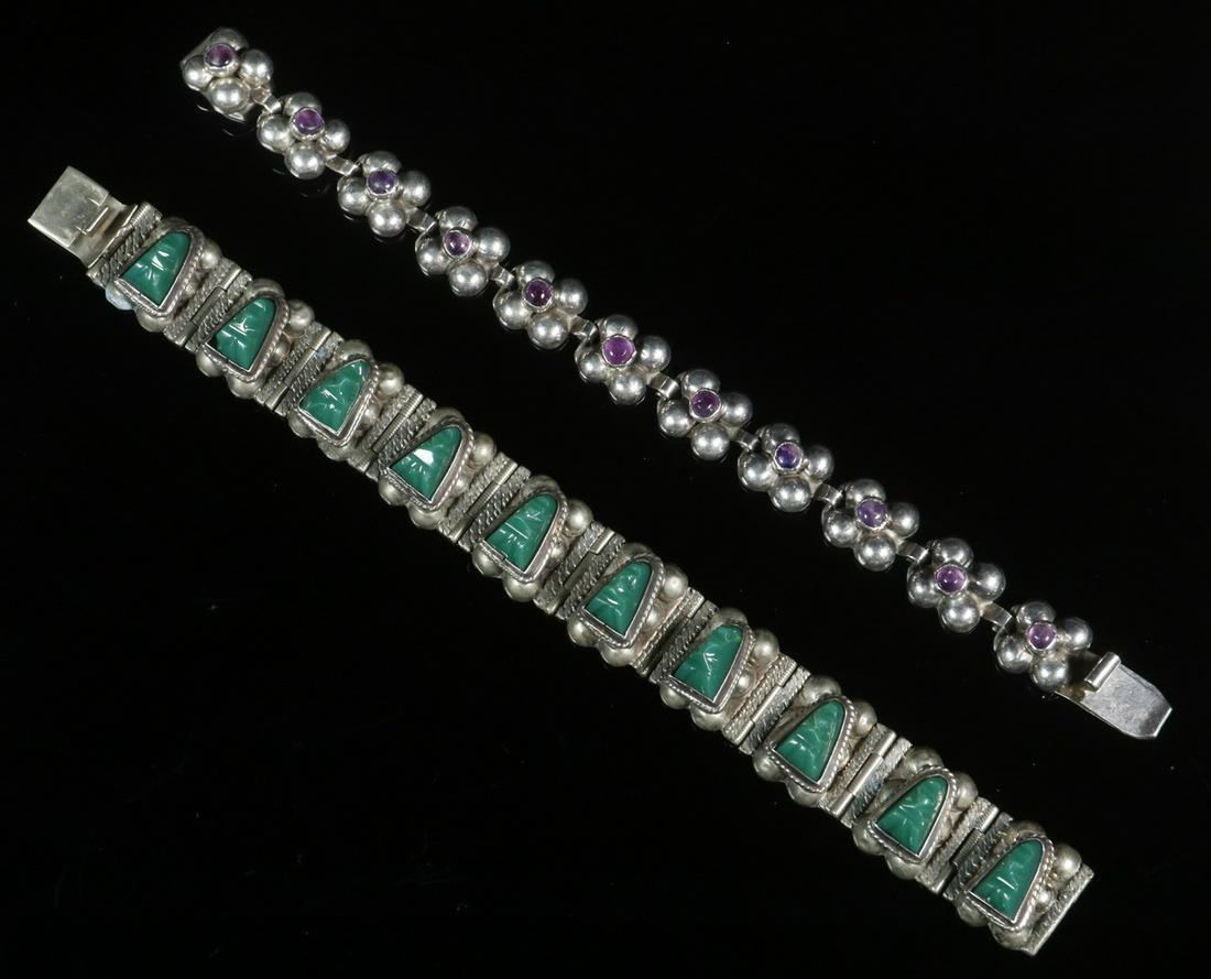 (2) MEXICAN SILVER BRACELETS, ONE BY FREDERICK W. DAVIS: Group of (2) Vintage Link Bracelets, set with stones, incl: Circa 1930 bracelet by Frederick Walter Davis (Mexico City), with eleven silver beaded quatrefoil form links, each center set with a round c
