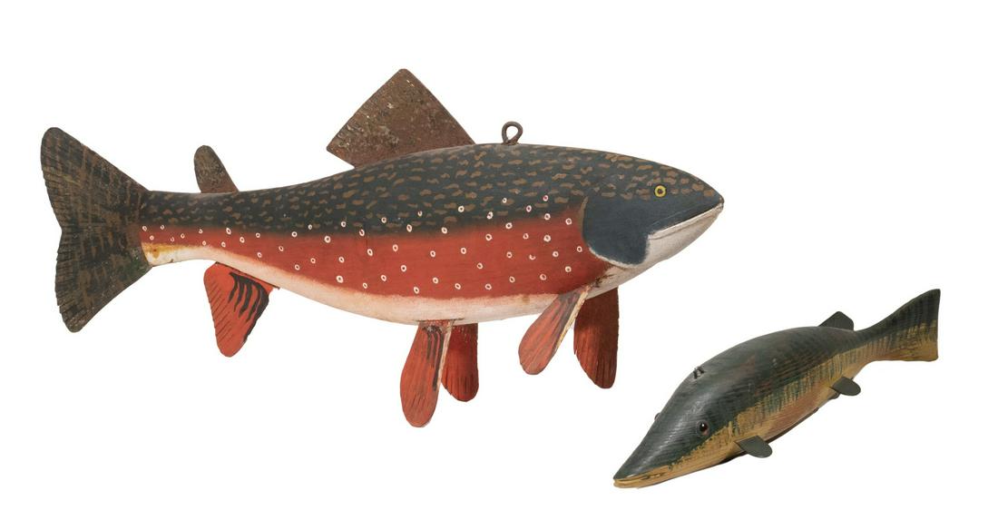 (2) DISPLAY FISH LURES: Salmon and Pickerel rendered in painted wood and tin, unsigned, 19 1/2" & 13", good condition.