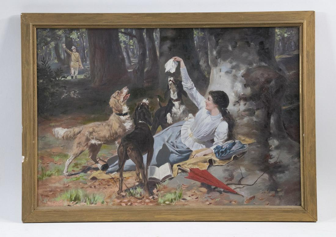 UNSIGNED 19TH C. HUMOROUS PAINTING: Hunter with Dogs "Trees" a Woman who had been reclining on a blanket reading, she hails him with her kerchief, oil on canvas, in gold painted frame liner, OS: 17" x 24", SS: 141/2" x 21 1/2". Good con