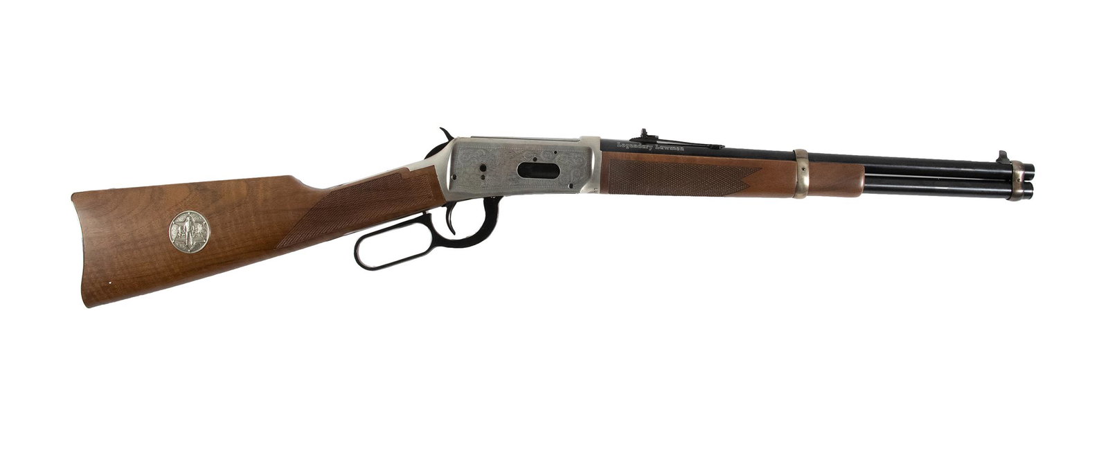 NEW IN BOX WINCHESTER MODEL 94 "LEGENDARY LAWMEN" RIFLE: Winchester model '94 rifle from their "Legendary Lawmen" series, this particular one commemorating Wyatt Earp. Features blued barrel with stainless, engraved frame. Left side features image of Earp ri