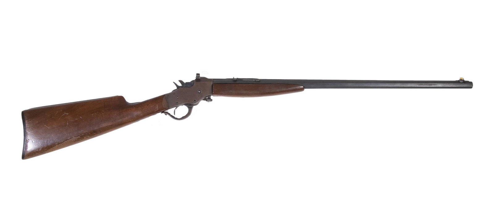 STEVENS ARMS MODEL 1915 SINGLE SHOT 22 LR RIFLE: Single-shot falling block take-down rifle manufactured by J. Stevens Arms Co. Fitted with a homemade peep sight, receiver tang apparently drilled and tapped for tang sight. Caliber: .22 LR, BBL: 24", 