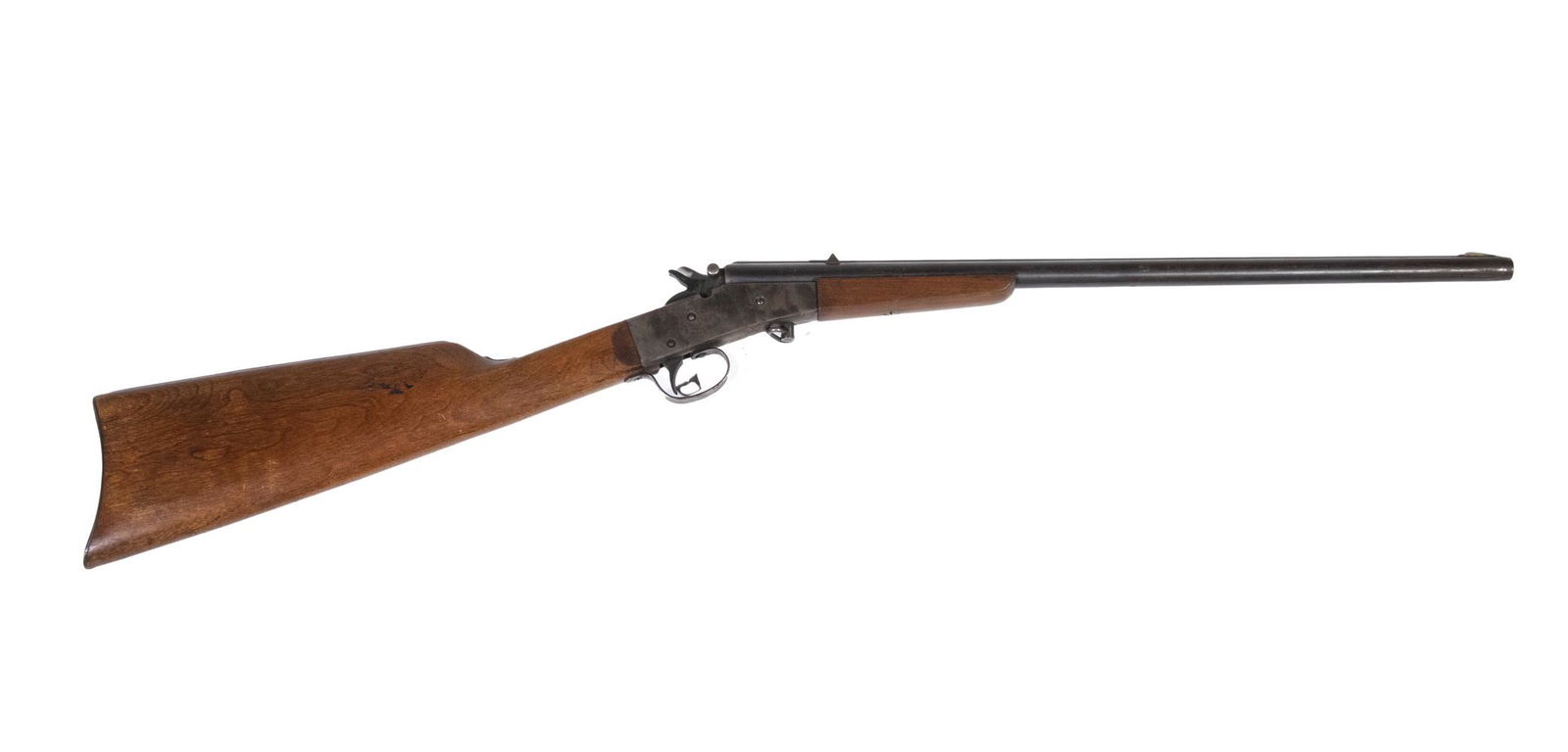 STEVENS 'LITTLE SCOUT' SINGLE SHOT RIFLE: Single shot rifle with falling block action and extractor manufactured by J. Stevens Arms Co. Rifling in overall fair condition. Caliber: .22 LR, BBL: 18", OAL: 32", No S/N.