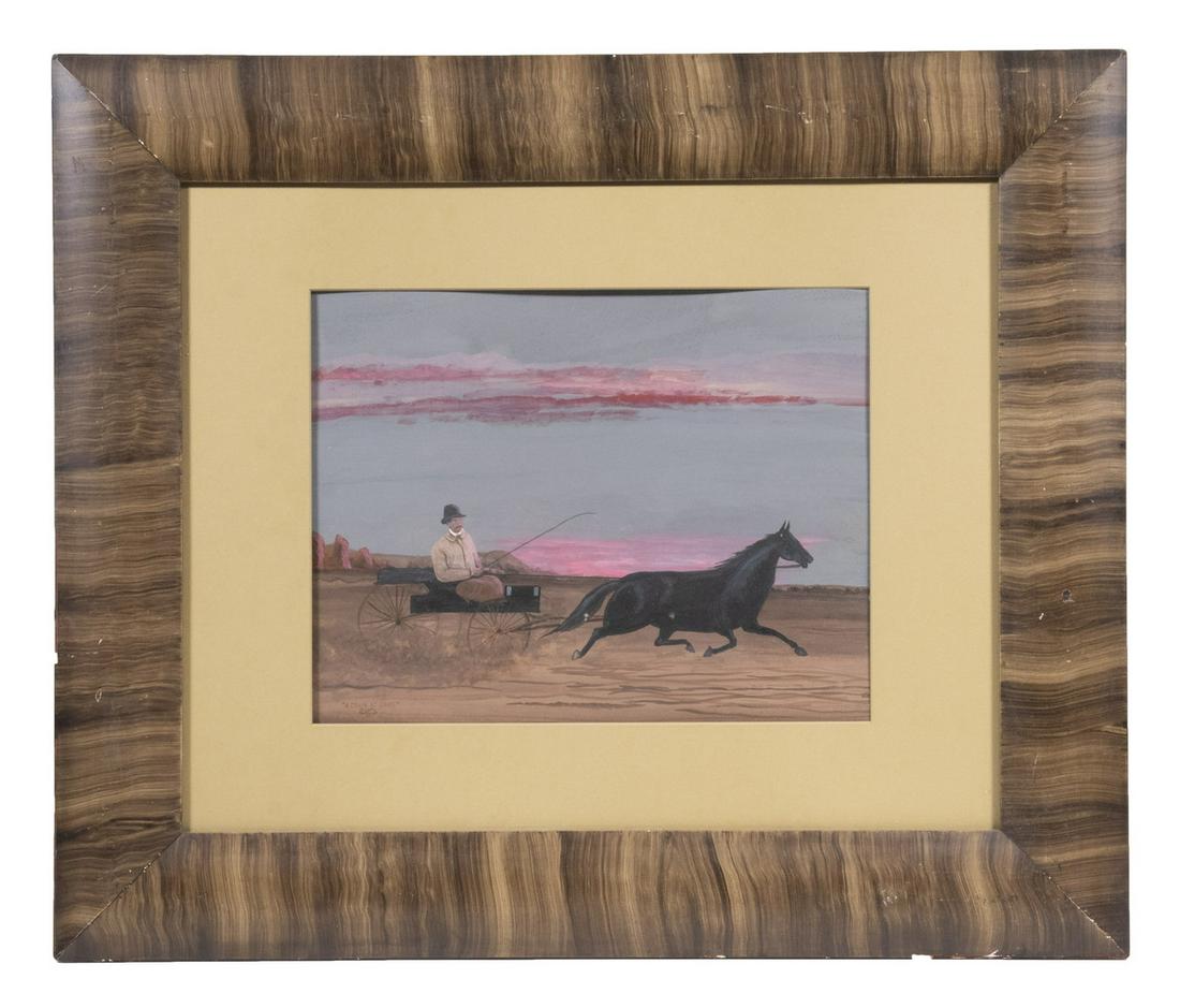 EARLY AMERICAN WEST GOUACHE OF HORSE AND BUGGY: "A Crack at Dawn", gouache on paper, titled lower left and initialed "AP", depicting a black horse galloping across a desert at dawn, a lone man bundled up in the buggy, housed in a faux grain painted