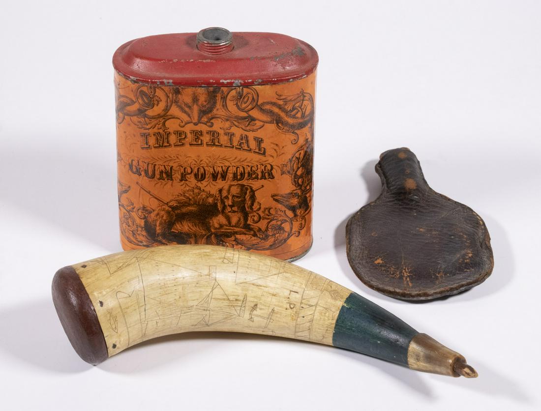 POWDER HORN, SHOT FLASK & GUN POWER TIN: (3) Piece 19th c. Lot, incl.: Scrimshaw powder horn, with images of ships, fish, an anchor, oxen yoke and LP monogram, painted wooden end cap, wooden stopper, 8" long; Leather shot flask, with wooden