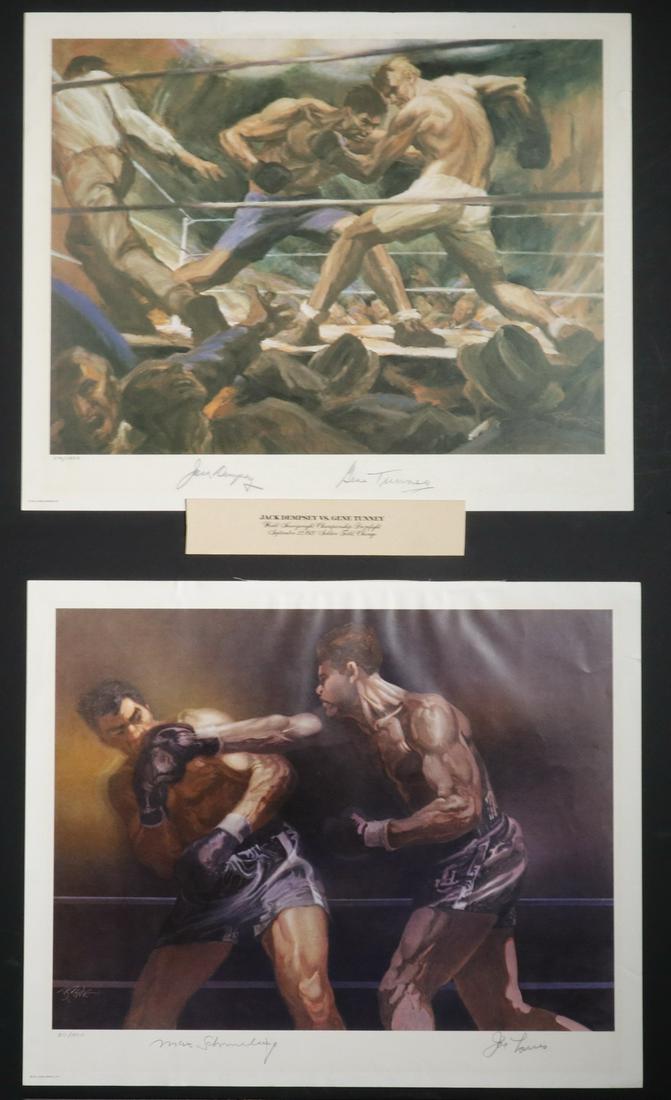 (2) LIVING LEGENDS 1977 BOXING PRINTS, SIGNED BY: Four World Heavyweight Championship, including: Jack Dempsey (1895-1983) vs. Gene Tunney (1897-1978), September 22, 1927, Soldier Field Chicago, pencil signed by both men and numbered 516/1500; PLUS M