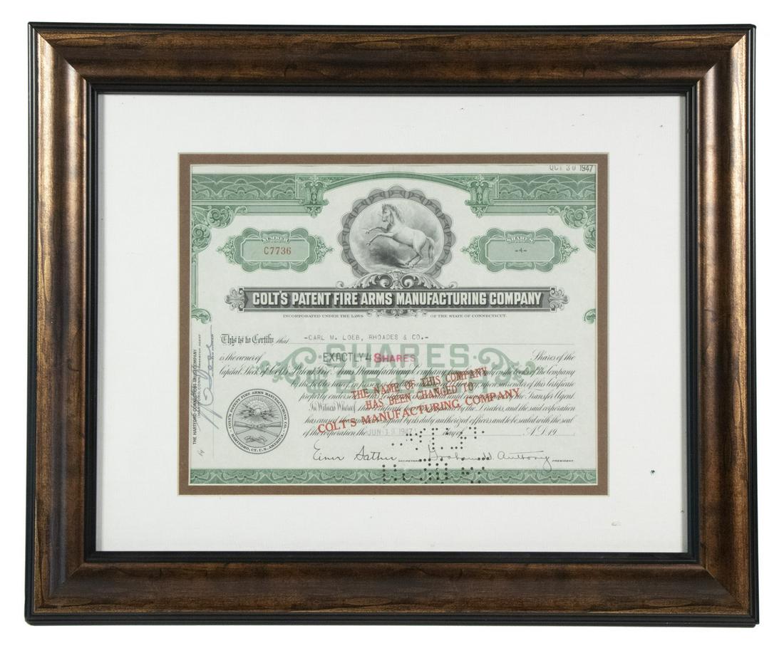 1947 COLT FIREARMS CO. STOCK CERTIFICATE, FRAMED (1 of 2)