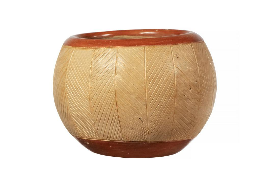 SAN JUAN PUEBLO POTTERY BOWL: Circa 1970 Incised Mica Clay Redware Vessel, by mother and daughter Dominguita Sisneros-Naranjo (1942- ) and Tomasita Montoya (1899-1978), signed on base "Dominguita Montoya", 3 3/4" high, 4 1/2" diam