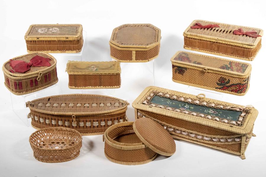 (10) SMALL DECORATIVE BASKETS: Collection of (10) Vintage Small Storage Baskets, mainly Native American crafted, with paint, and ribbon decoration, most with lids (two lids in painted celluloid), 5 3/4" x 2 1/4" x 2 1/4" to 12 1/2"