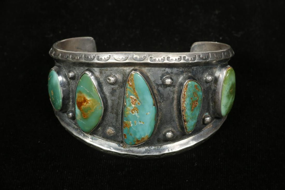 NATIVE AMERICAN SILVER FIVE-STONE CUFF BRACELET (1 of 1)