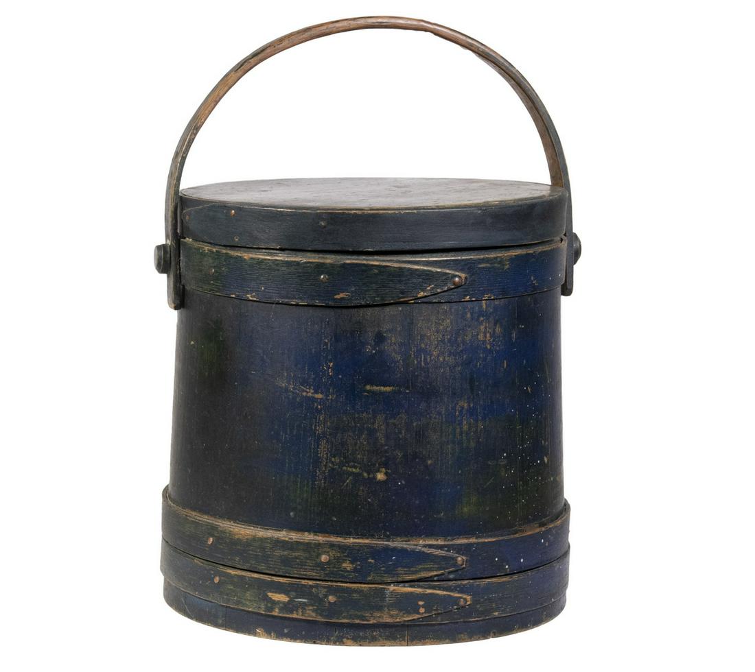19TH C. BLUE PAINTED WOODEN FIRKIN (1 of 3)