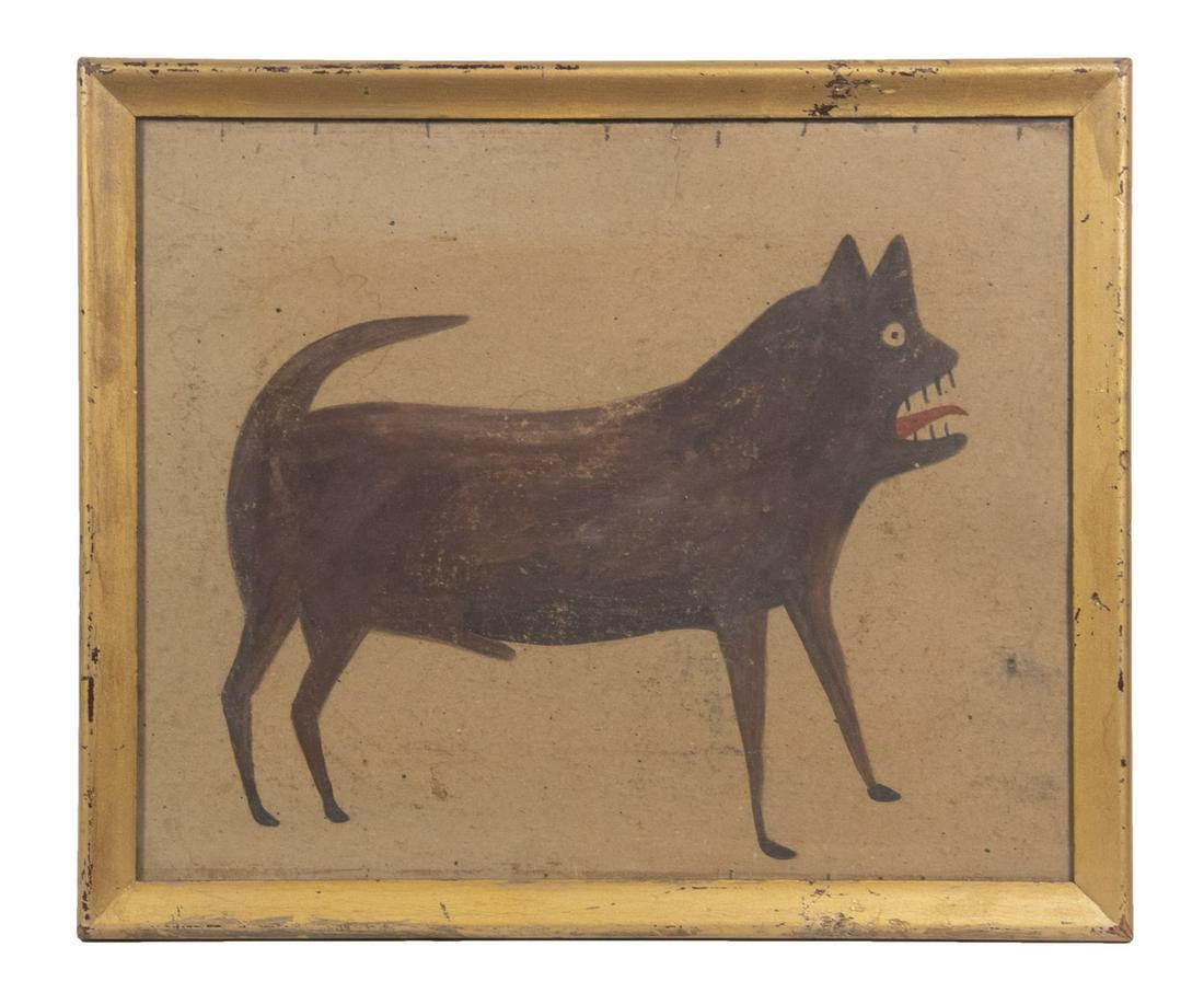 IN THE MANNER OF BILL TRAYLOR (AL, 1853-1949): "Dog", watercolor on cardboard, unsigned (typical), in vintage gold painted ogee frame, under old glass, OS: 15 1/2" x 18 1/2", SS: 13 1/2" x 16 1/2", torn at top.Born into slavery in Alabama, Bill Tr