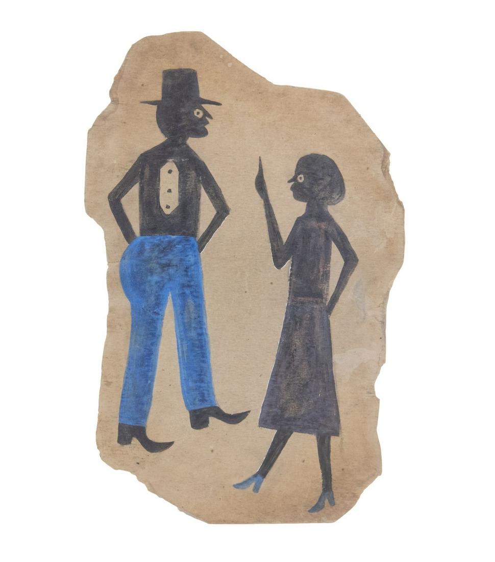 IN THE MANNER OF BILL TRAYLOR (AL, 1853-1949): "A Couple Arguing", watercolor on cardboard, unsigned, (typical), irregularly cut edge, unframed, roughly 16" x 10", good condition.Born into slavery in Alabama, Bill Traylor became one of the most ce
